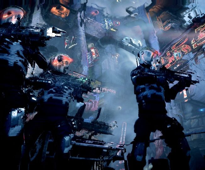 Commando di incursori con armature robotiche procede con le armi puntate in uno scenario urmano futuristico