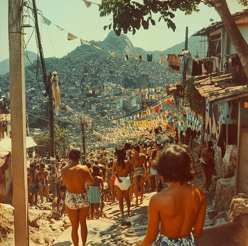 persone in strada in una favela anni '70