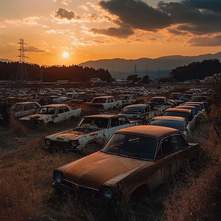 carcasse di automobili giapponesi al tramonto