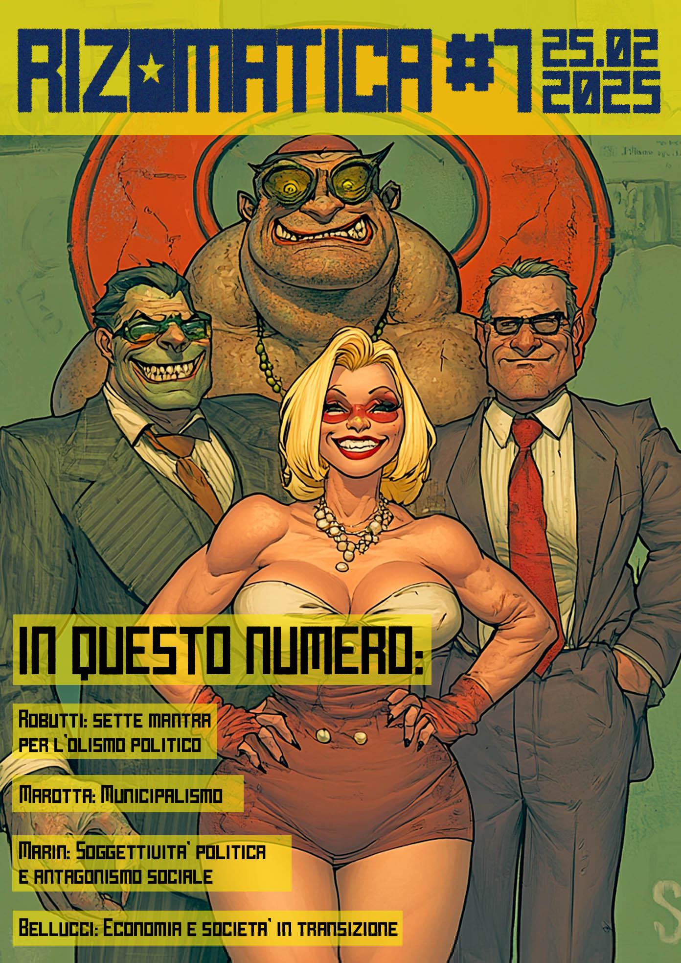 copertina Rizomatica #7 una donna muscolosa bionda con alle spalle tre loschi figuri sorridenti stile Marvel