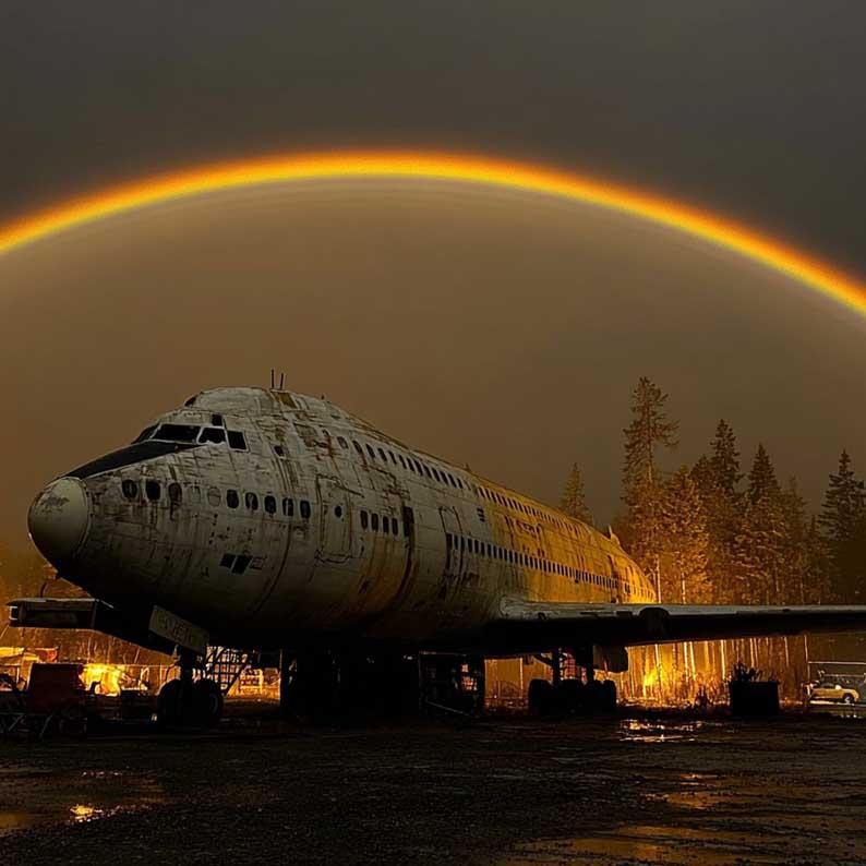 rottame di aereo di linea sotto arcobaleno notturno 