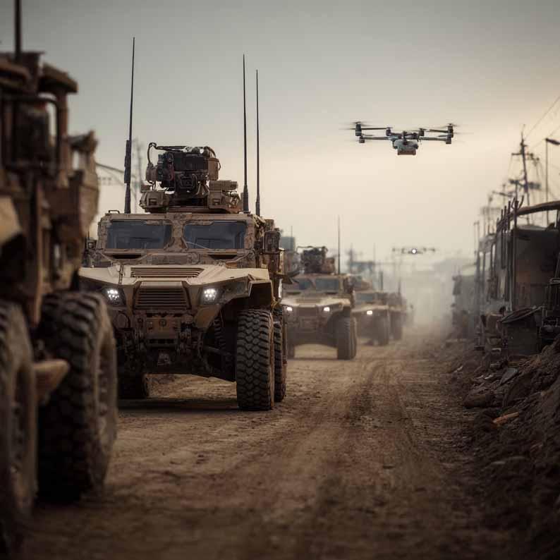 Colonna di blindati che avanzano e un drone quadricottero in volo su uns pista terrosa accanto a delle baracche