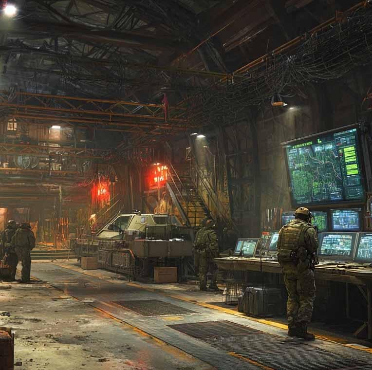 comando sotterraneo con schermi e soldati