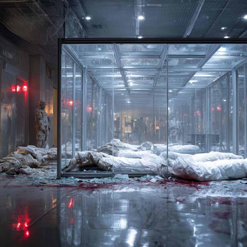 cadaveri avvolti in teli, sangue a terra e un piantone sorveglia