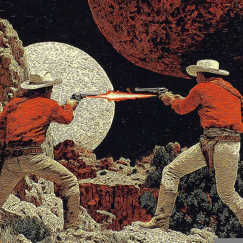 Due cowboy sparano in un paesaggio lunare con sullo sfondo altri pianeti