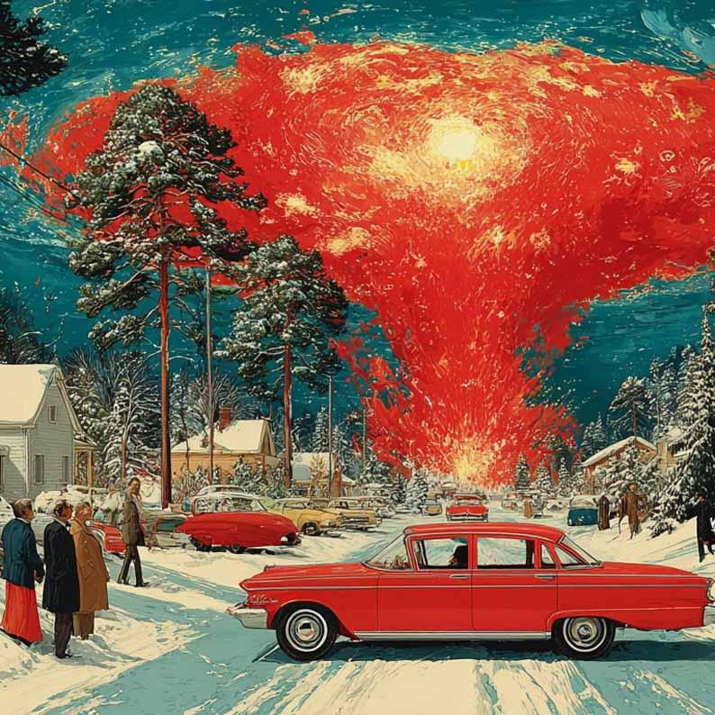 Esplosione in lontanaza in quartiere residenziale statunitense innevato. Passanti osservano.