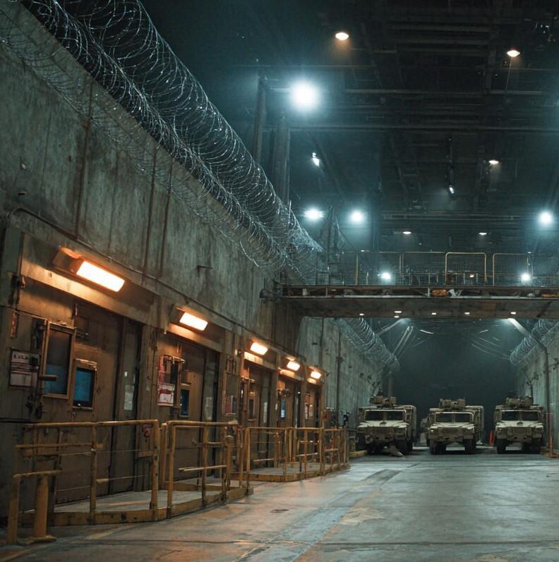 humvee in galleria fortificata e illuminata