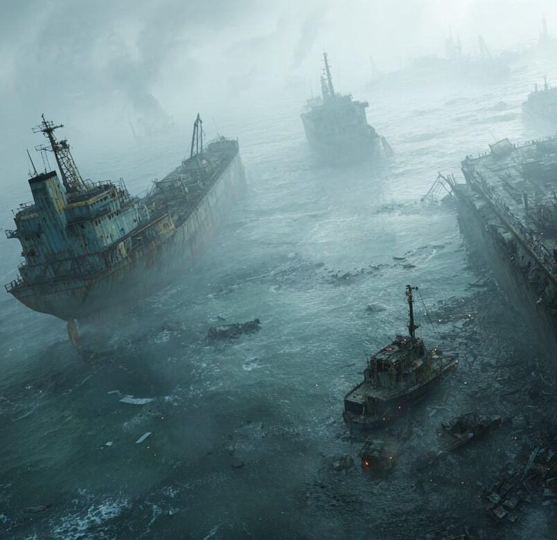 navi e relitti galleggianti immersi nella nebbia