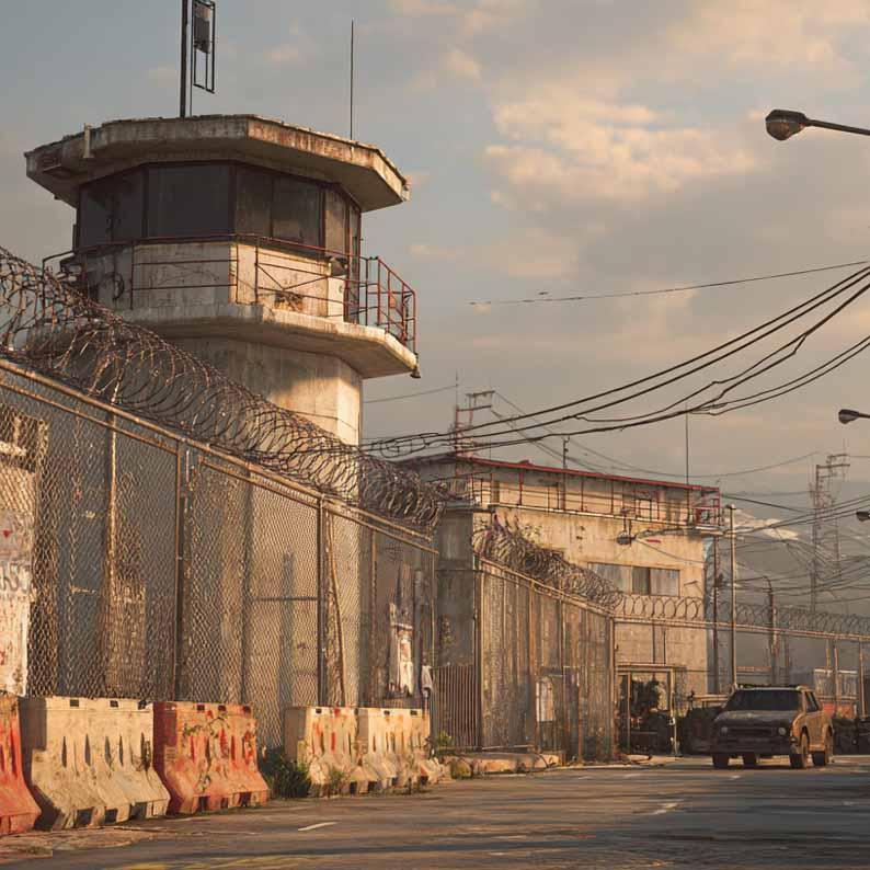 Alte recinzioni con filo spinato, una torre di guardia e blocchi antisfondamento. Su una strada arriva un blindato.