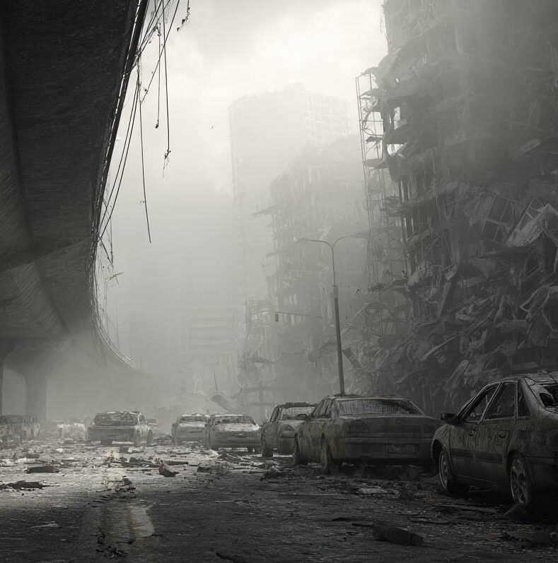 palazzi crollati e macerie su auto parcheggiate