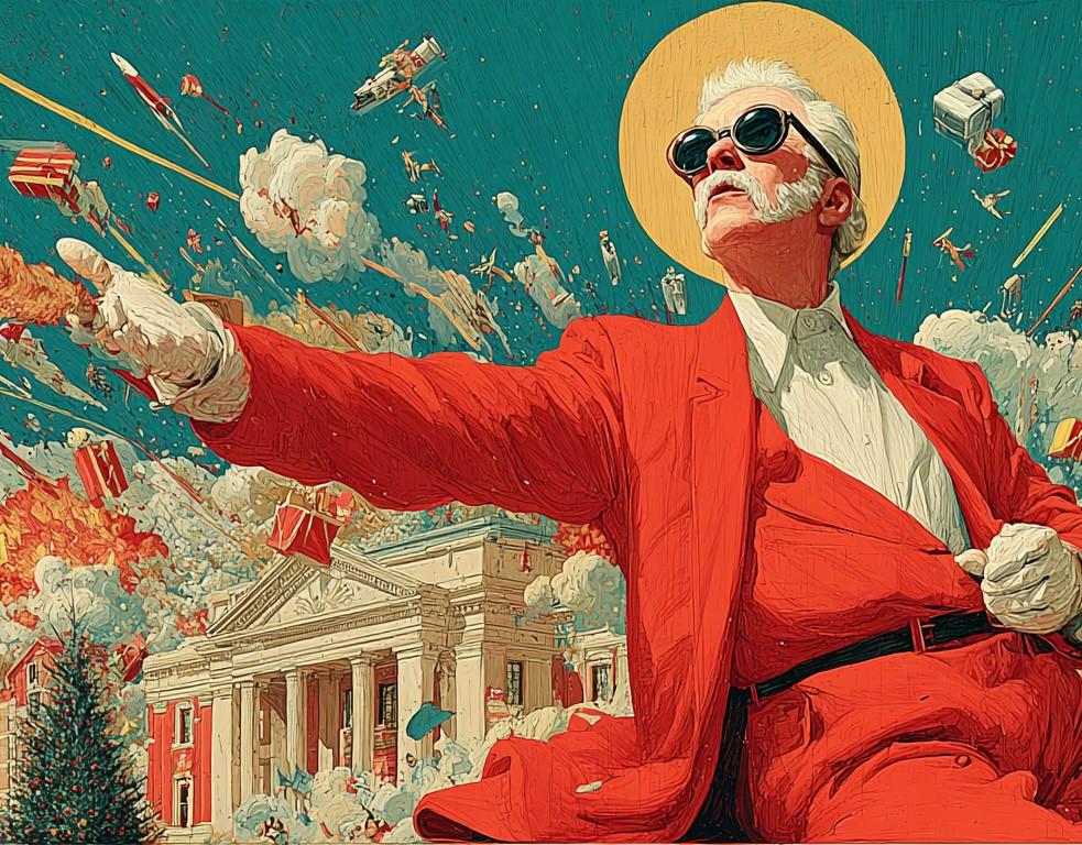 Babbo natale santo e hippye distribuisce doni mentre un palazzo neoclassico esplode.