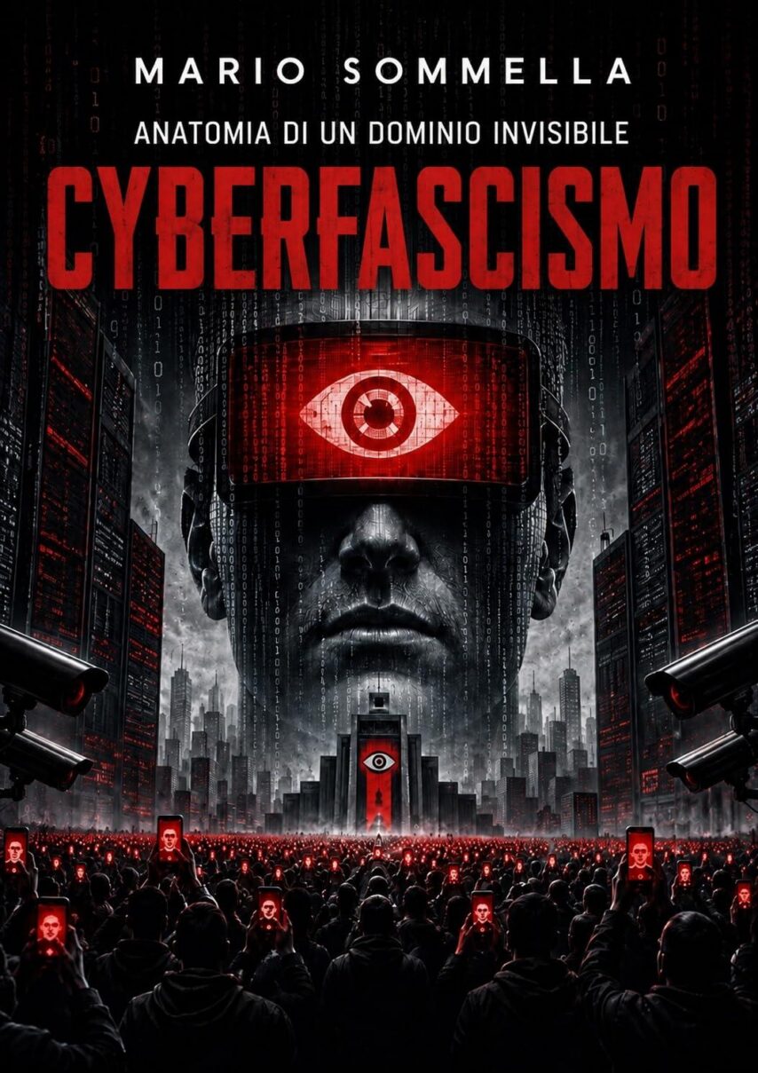 Cyberfascismo - immagine di un Grande fratello con visore e occhio digitale di fronte a masse a una adunata